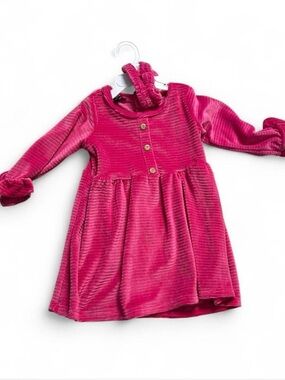 Girls' Fuchsia Velvet Corduroy Dress with Buttons and matching headband